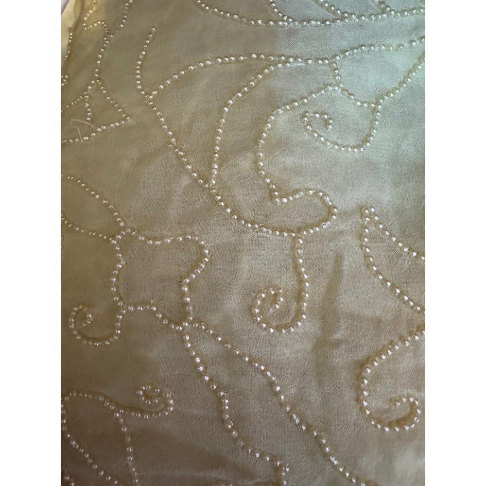 Sterling Styles Vintage Pale Yellow Mesh Faux Pearl Beaded Wrap Scarf